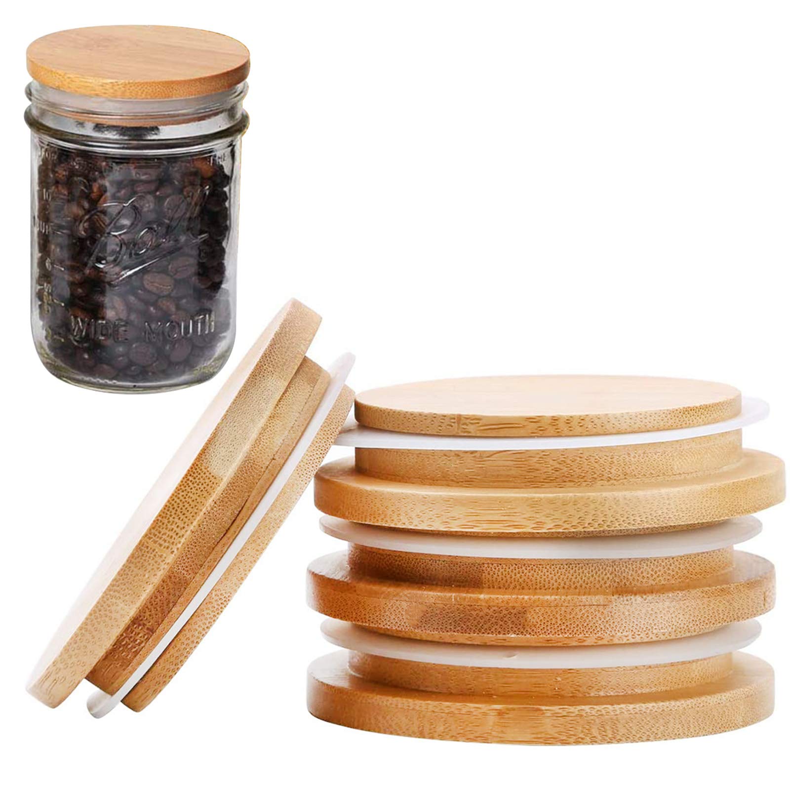 6 Pack Wooden Mason Jar Lids, Reusable Bamboo Mason Canning Lids Compatible with Wide Mouth Mason Jar Canning Jar