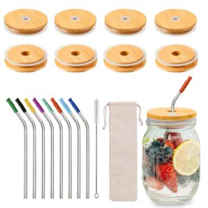 bamboo mason jar lids with straw hole, stainless steel reusable straws with colored silicone tips, straw cleaner brush and polyester bag, 70mm bamboo mason jar lids (regular mouth)