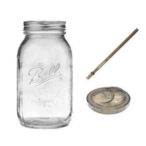 Regular Mouth Quart 32-Ounces Ball Mason Drinking Jar With Ball Sip & Straw Lid - Fits Regular Mouth Mason Jars - For Smoothies, Milk Shakes, Protein Shakes, Iced Coffee, Tea & Dishwasher Safe