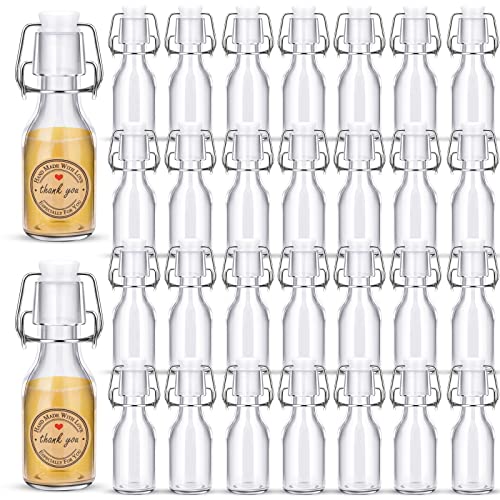 ZSMKJIAYE 30 PCS Mini Flip Top Glass Bottle with Stoppers Decorative Swing Top Bottles Small Glass Bottles with Lids Kraft Adhesive Round Stickers for Wedding Themed Party (4OZ/120 ml)