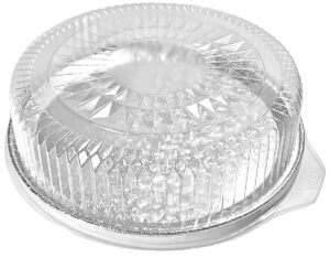 12" round flat aluminum foil catering tray w/dome lid - disposable cater serving pan (pack of 10 sets)