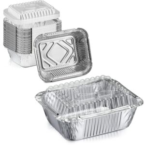fit meal prep 50 pack 1 lb aluminum foil pans with clear lids, 6 x 5 x 2 disposable aluminum food take out containers, heavy duty aluminum baking pan for catering, packaging freezer oven safe