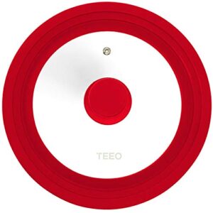 teeo - universal pot lid - pan cover for frying - drop lid - silicone lids 8 - tempered glass silicone rim cool touch handle steam vent dishwasher safe skillet multi-sized lid (8/8.5/9.5 inches, red)