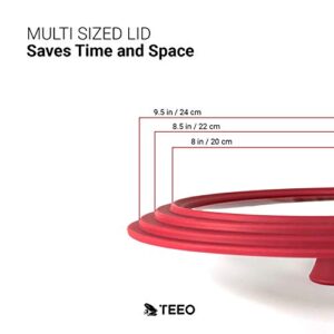 Teeo - Universal Pot Lid - Pan Cover for Frying - Drop Lid - Silicone Lids 8 - Tempered Glass Silicone Rim Cool Touch Handle Steam Vent Dishwasher Safe Skillet Multi-sized Lid (8/8.5/9.5 inches, Red)