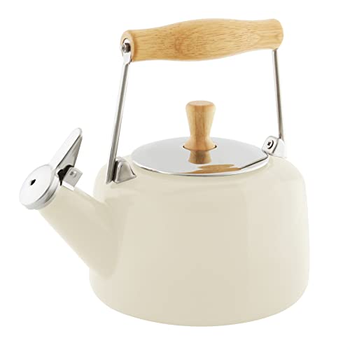 Chantal SVEN Enamel on Steel Whistling Teakettle with Natural Wood handle, 1.4 quarts, Almond