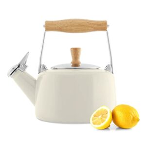 Chantal SVEN Enamel on Steel Whistling Teakettle with Natural Wood handle, 1.4 quarts, Almond