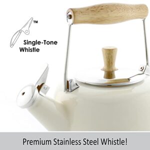 Chantal SVEN Enamel on Steel Whistling Teakettle with Natural Wood handle, 1.4 quarts, Almond