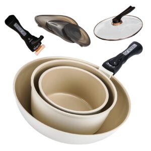 gk steel ceramic detachable pots and pans set - ceramic pots and pans with titanium diamond coating, oven and induction safe(warm white-3 piece)