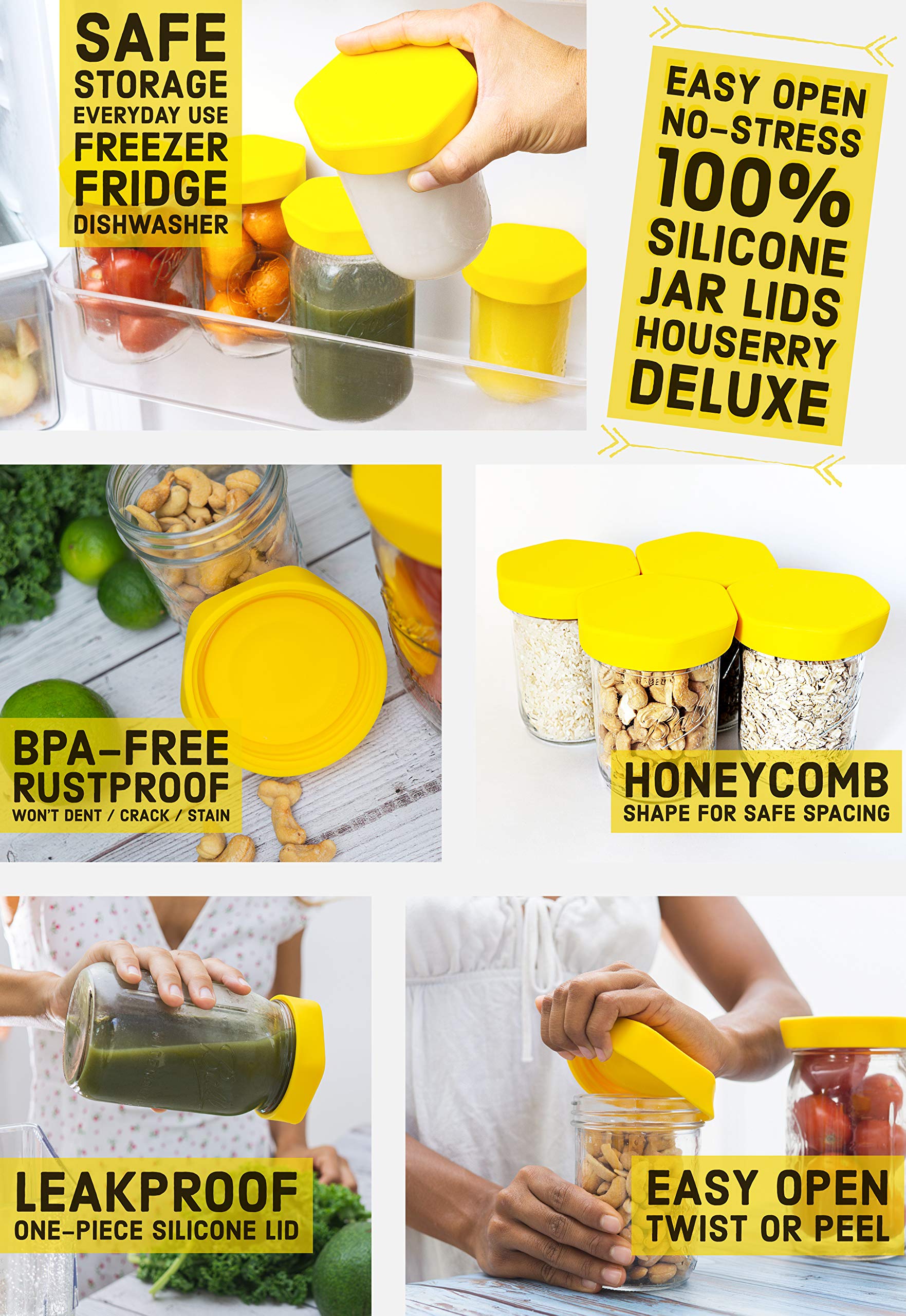 HOUSERRY DELUXE Easy-Grip Easy-Open 100% Silicone Mason Jar Lid - 3 pcs (WIDE MOUTH, YELLOW)