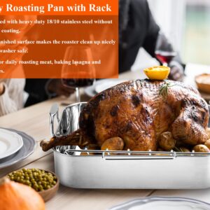 WEZVIX Stainless Steel Roasting Pan with Rack, 16.5 Inch Rectangular Turkey Roaster Lasagna Pan for Roasting Turkey, Chicken, Meat & Vegetables, Non-toxic & Heavy Duty, Easy Clean & Dishwasher Safe