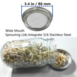 One-Piece 316 Stainless Steel Mesh Sprouting Lids Wide Mouth Mason Jar Strainer Lid for Mason Canning Jars Seed Sprouting Salad Sprouts Strainer Mesh Lids 4 Pack - Rust Proof