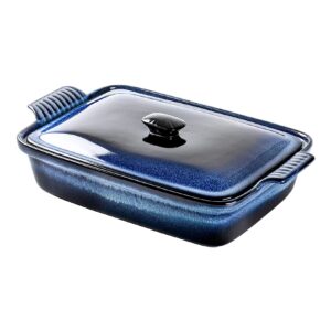 unicasa casserole dish with lid, ceramic 2.8 qt baking dish for cooking, porcelain 9x13 inch lasagna pan, oven safe bakeware set, reactive glaze (blue)