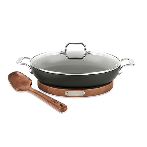 All-Clad HA1 Hard Anodized Nonstick Universal Pan with Acacia Trivet and Spoon 4 Piece, 3 Quart Induction Oven Broiler Safe 500F, Lid Safe 350F Pots and Pans, Cookware Black