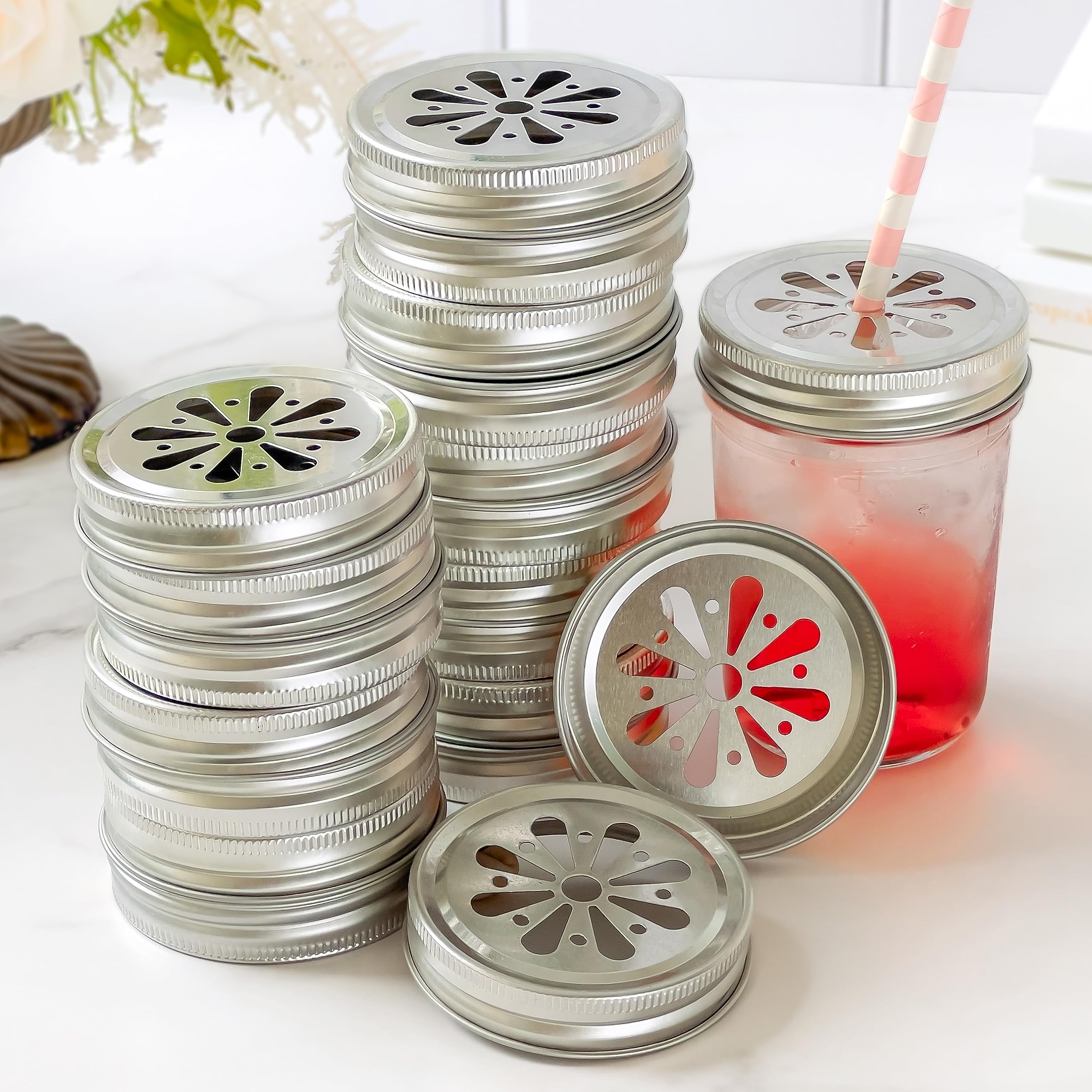 Kate Aspen Mason Jar Lids, Flower Cut Out Straw Lids, Party Favors, Set of 20, Fits 8 oz, 12 oz and 16 oz Mason Jars