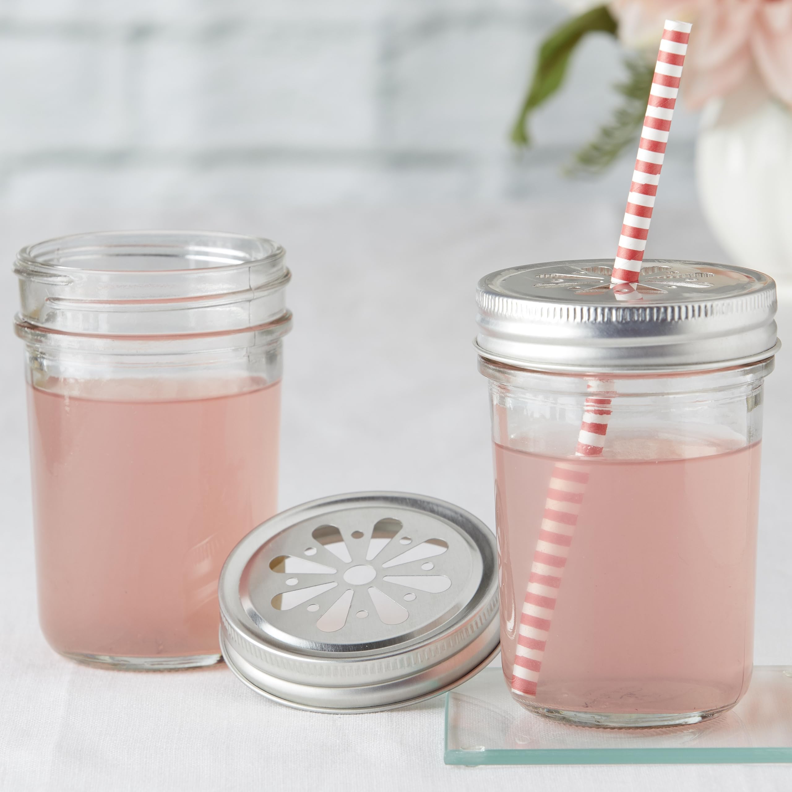 Kate Aspen Mason Jar Lids, Flower Cut Out Straw Lids, Party Favors, Set of 20, Fits 8 oz, 12 oz and 16 oz Mason Jars