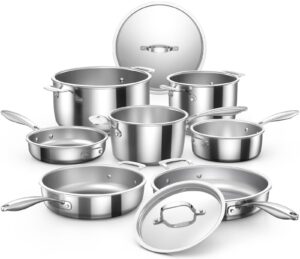 nuwave pro-smart 9pc stainless steel cookware set, heavy-duty tri-ply 3.1mm thickness, 18/10ss, space saving nestable design, stay-cool handles, induction-ready, works on all cooktops, 20yeär wärranty