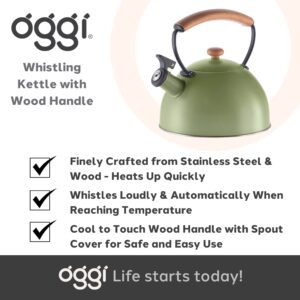 OGGI Tea Kettle for Stove Top - 85oz / 2.5lt, Stainless Steel Kettle with Loud Whistle & Stay-Cool Wood Handle, Ideal Hot Water Kettle and Water Boiler - Green