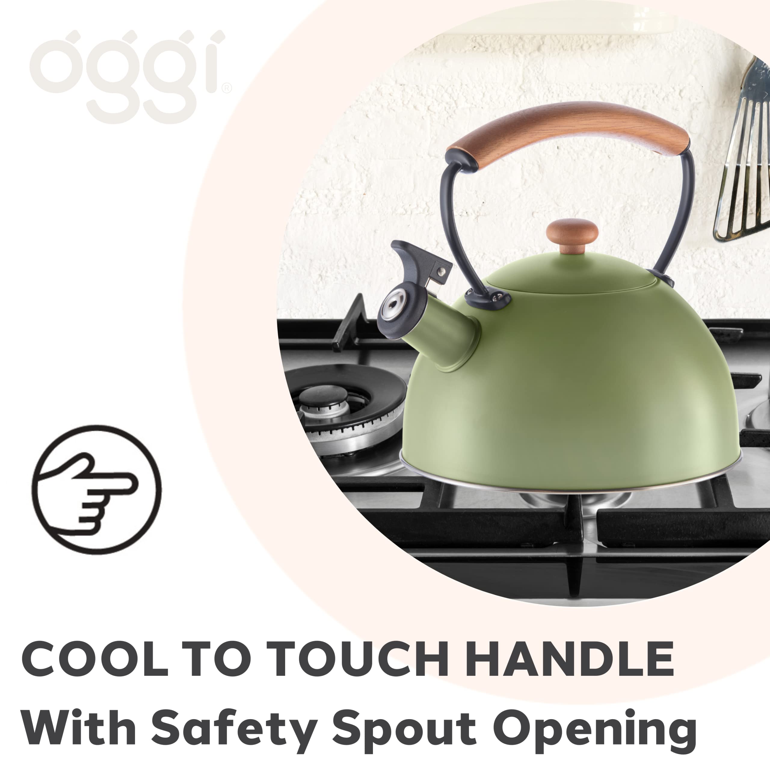 OGGI Tea Kettle for Stove Top - 85oz / 2.5lt, Stainless Steel Kettle with Loud Whistle & Stay-Cool Wood Handle, Ideal Hot Water Kettle and Water Boiler - Green