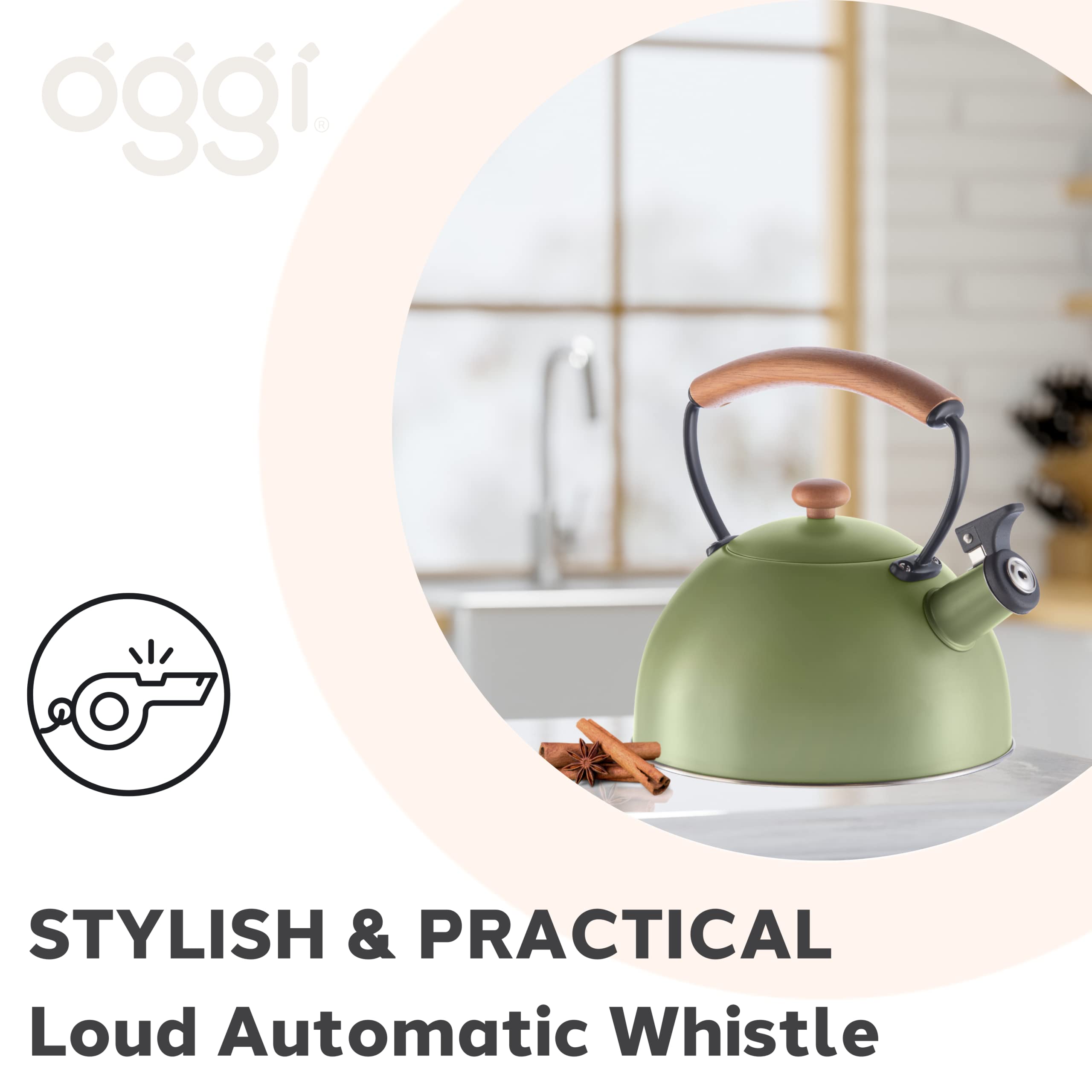OGGI Tea Kettle for Stove Top - 85oz / 2.5lt, Stainless Steel Kettle with Loud Whistle & Stay-Cool Wood Handle, Ideal Hot Water Kettle and Water Boiler - Green