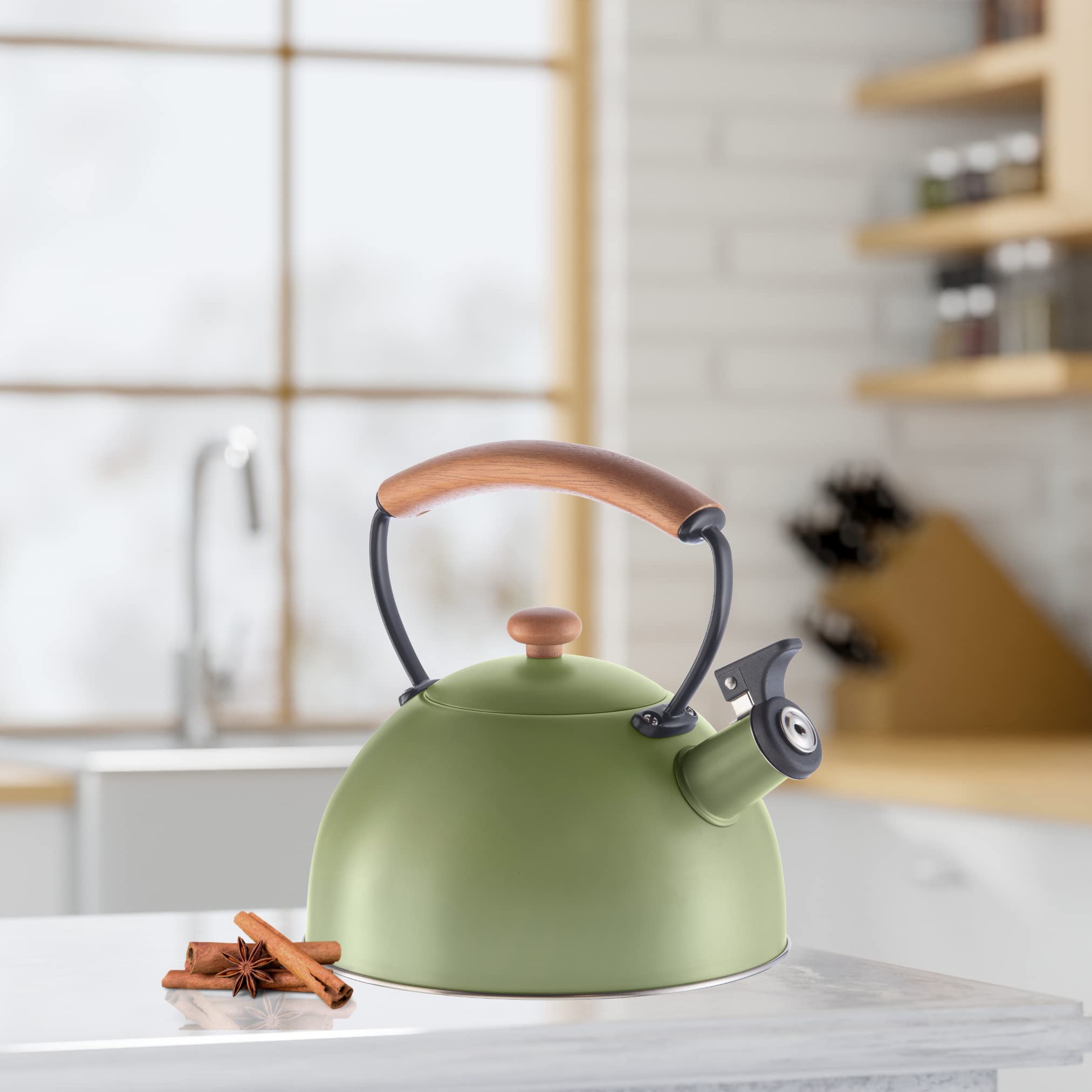 OGGI Tea Kettle for Stove Top - 85oz / 2.5lt, Stainless Steel Kettle with Loud Whistle & Stay-Cool Wood Handle, Ideal Hot Water Kettle and Water Boiler - Green