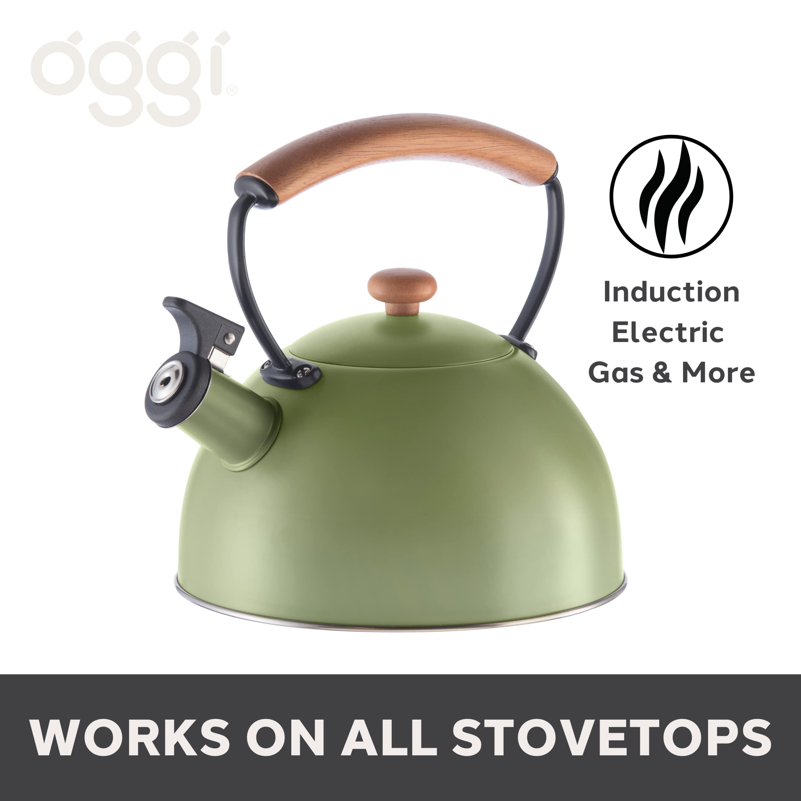 OGGI Tea Kettle for Stove Top - 85oz / 2.5lt, Stainless Steel Kettle with Loud Whistle & Stay-Cool Wood Handle, Ideal Hot Water Kettle and Water Boiler - Green