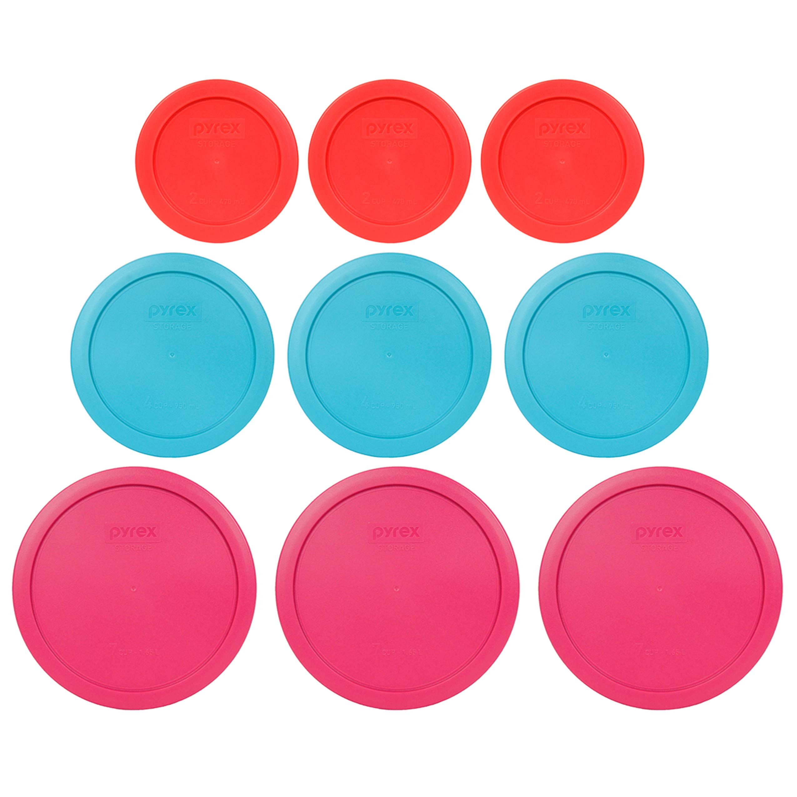 Pyrex (3) 7402-PC 6/7 Cup Fuchsia (3) 7201-PC 4 Cup Surf Blue (3) 7200-PC 2 Cup Red Replacement Food Storage Lids Made in the USA