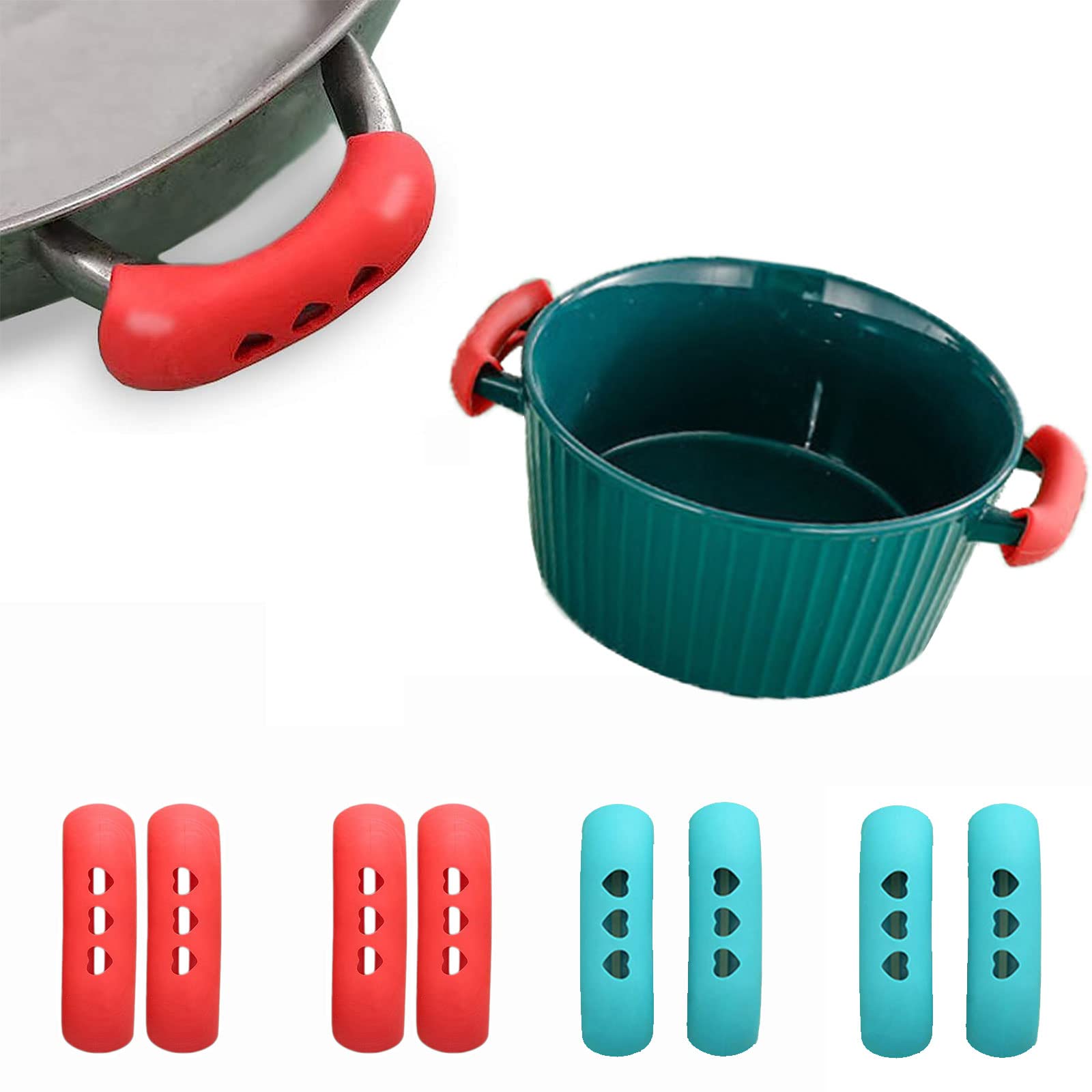 8Pcs Pot Handle Covers Heat Resistant Pot Holders Non Slip Handle Sleeve Reusable Pot Ear Clip for Frying Pan Steamer Casserole Pan 3'' (Red and Blue)