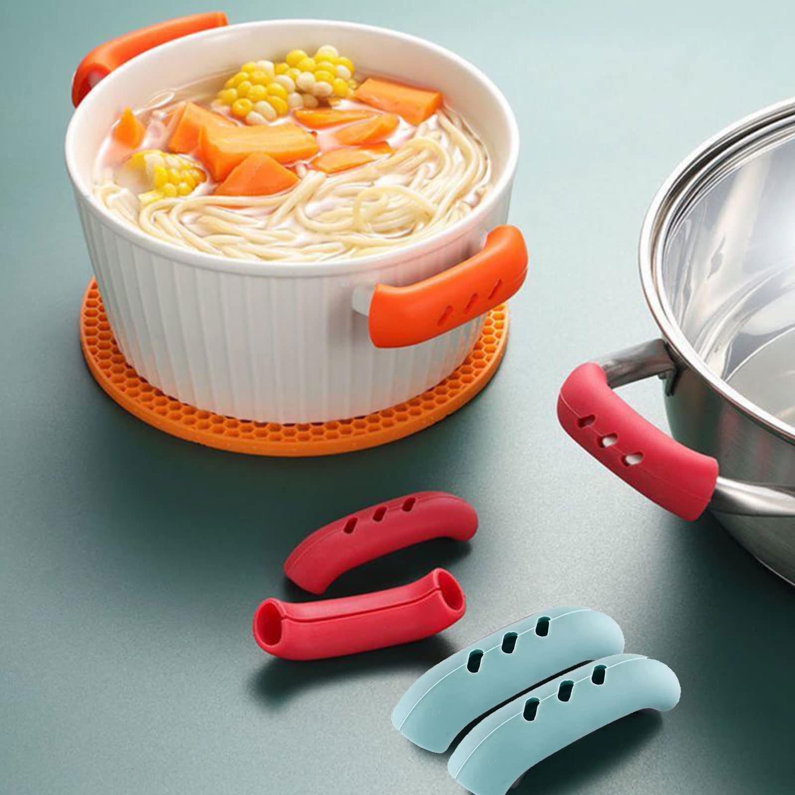 8Pcs Pot Handle Covers Heat Resistant Pot Holders Non Slip Handle Sleeve Reusable Pot Ear Clip for Frying Pan Steamer Casserole Pan 3'' (Red and Blue)