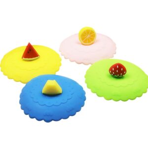 akoak 4 pcs lovely fruit lace pattern silicone cup lid, creative sealing leakproof glass cup lid coffee cup suction lid
