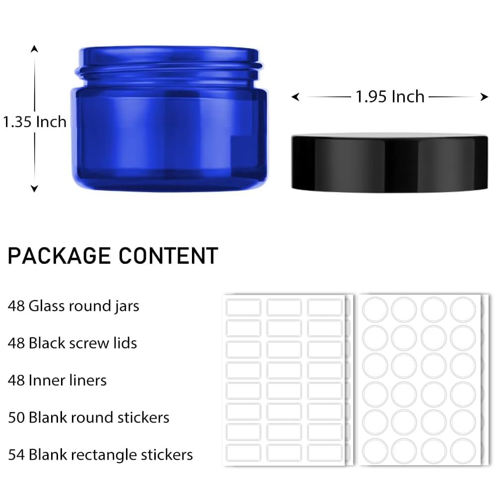 Bumobum 1 oz Blue Glass Jars with Lids, 48 pack Clear Small Jars with Black Lids, White Labels & Inner Liners, Empty Round Cosmetic Containers for Cream, Lotion