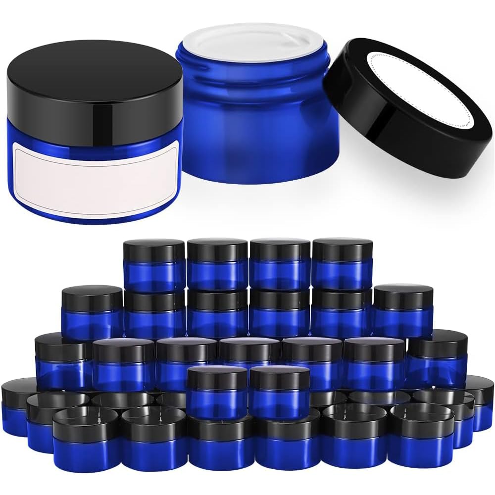 Bumobum 1 oz Blue Glass Jars with Lids, 48 pack Clear Small Jars with Black Lids, White Labels & Inner Liners, Empty Round Cosmetic Containers for Cream, Lotion