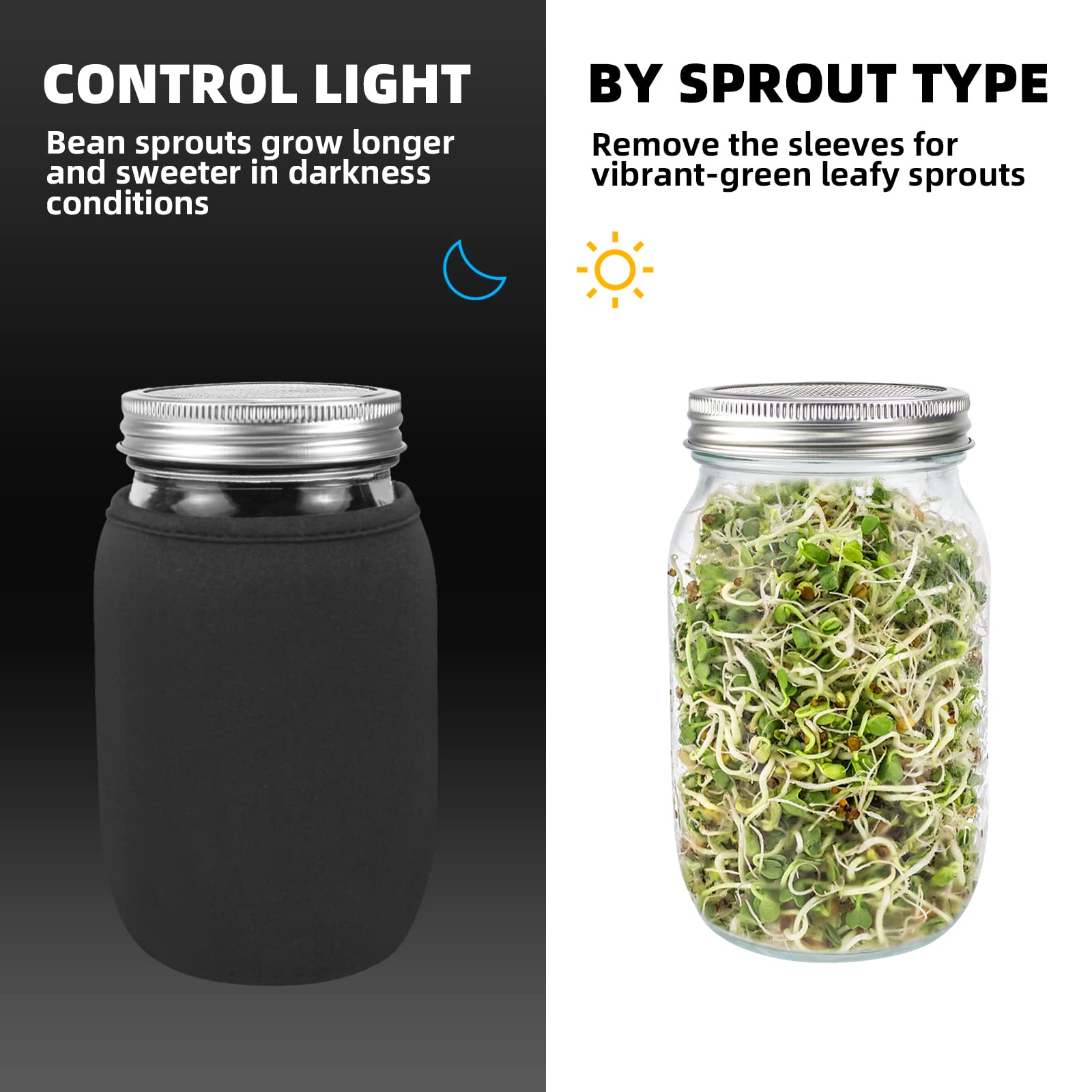 Complete Sprouting Kit, 2 Wide Mouth Mason Jars, Premium Screen Sprout Lids, Tray, Blackout Sleeves, Stand, Seed Sprouter Set for Alfalfa, Mung Bean, Broccoli