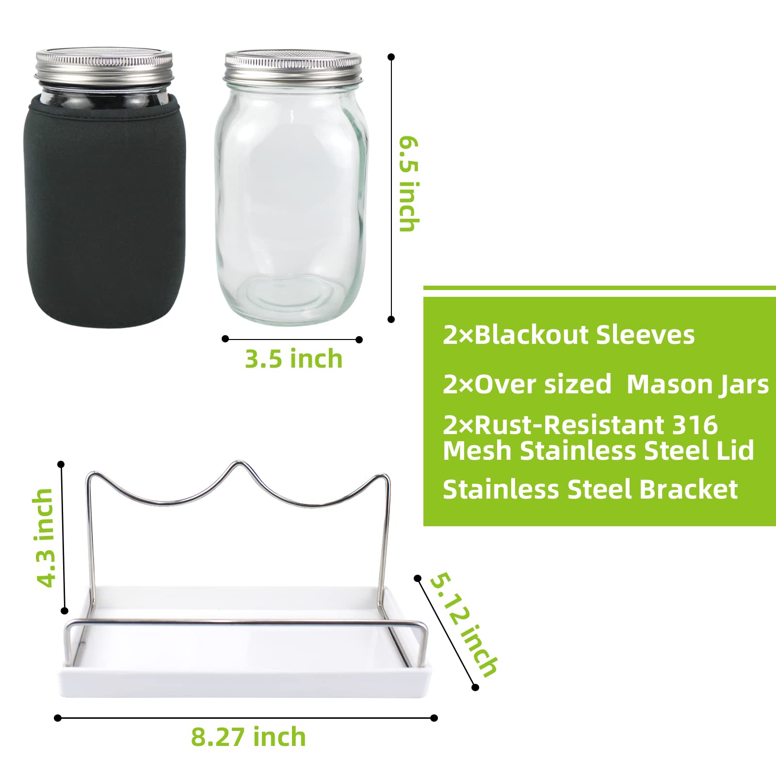 Complete Sprouting Kit, 2 Wide Mouth Mason Jars, Premium Screen Sprout Lids, Tray, Blackout Sleeves, Stand, Seed Sprouter Set for Alfalfa, Mung Bean, Broccoli