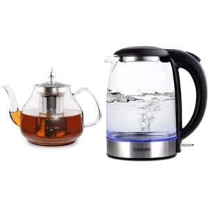 cosori glass teapot stovetop safe gooseneck kettle with removable stainless steel infuser scale line & electric kettle, 1500w wide opening 1.7l glass tea kettle & hot water boiler, matte black