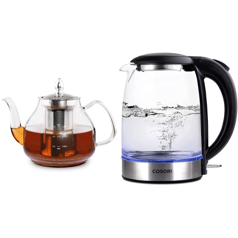 COSORI Glass Teapot Stovetop Safe Gooseneck Kettle with Removable Stainless Steel Infuser Scale Line & Electric Kettle, 1500W Wide Opening 1.7L Glass Tea Kettle & Hot Water Boiler, Matte Black