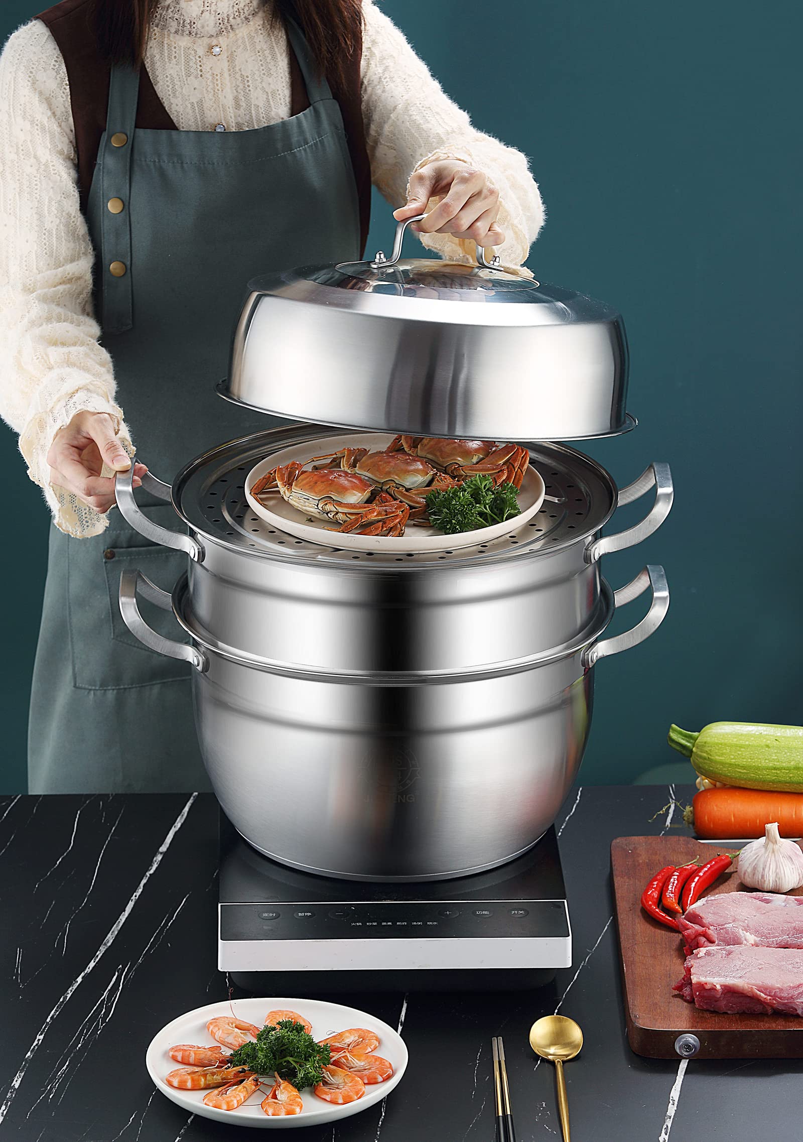 Thick-bottomed Stainless Steel Steamer Pot 2 Tier Food Steamer for Cooking Multipurpose Cookware with Tempered Glass Lid for Vegetable, tamale,Dumpling, egg, Sauce, Food (12.6 INCH)