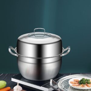 Thick-bottomed Stainless Steel Steamer Pot 2 Tier Food Steamer for Cooking Multipurpose Cookware with Tempered Glass Lid for Vegetable, tamale,Dumpling, egg, Sauce, Food (12.6 INCH)