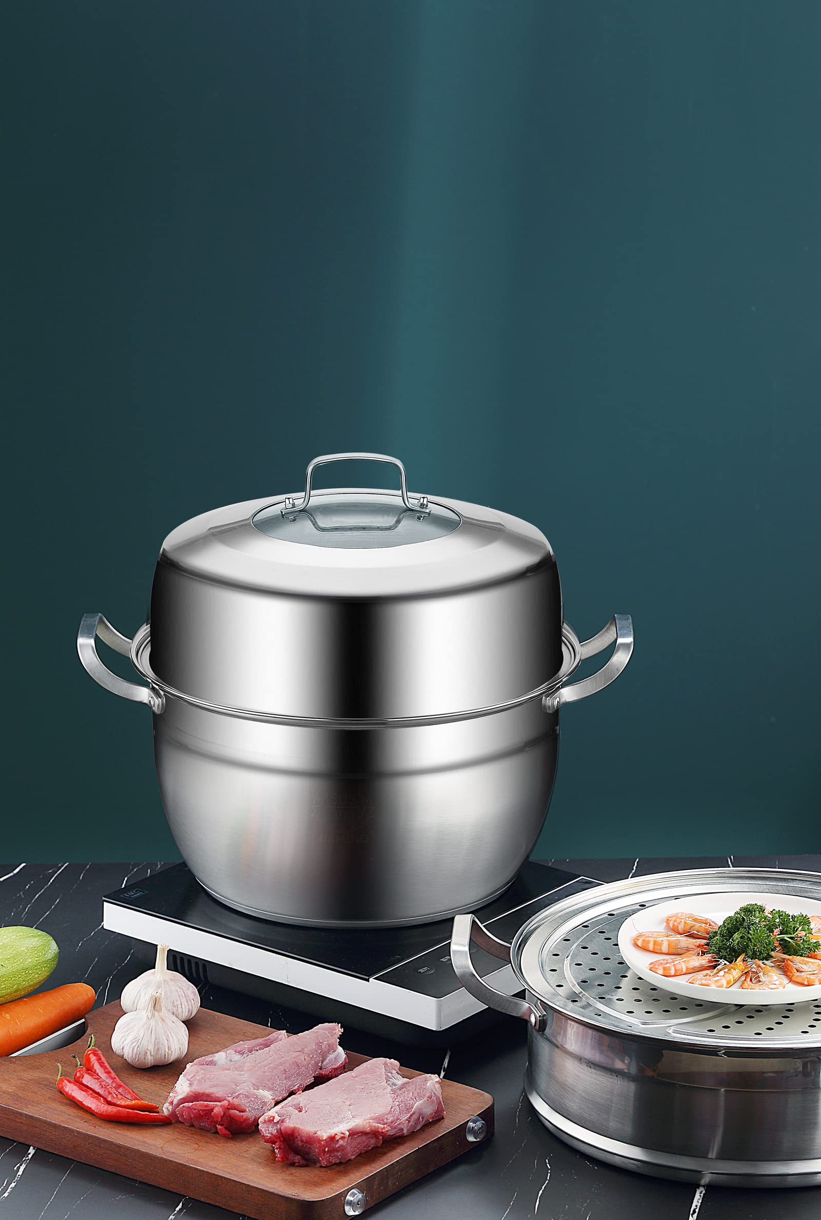 Thick-bottomed Stainless Steel Steamer Pot 2 Tier Food Steamer for Cooking Multipurpose Cookware with Tempered Glass Lid for Vegetable, tamale,Dumpling, egg, Sauce, Food (12.6 INCH)