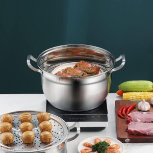 Thick-bottomed Stainless Steel Steamer Pot 2 Tier Food Steamer for Cooking Multipurpose Cookware with Tempered Glass Lid for Vegetable, tamale,Dumpling, egg, Sauce, Food (12.6 INCH)