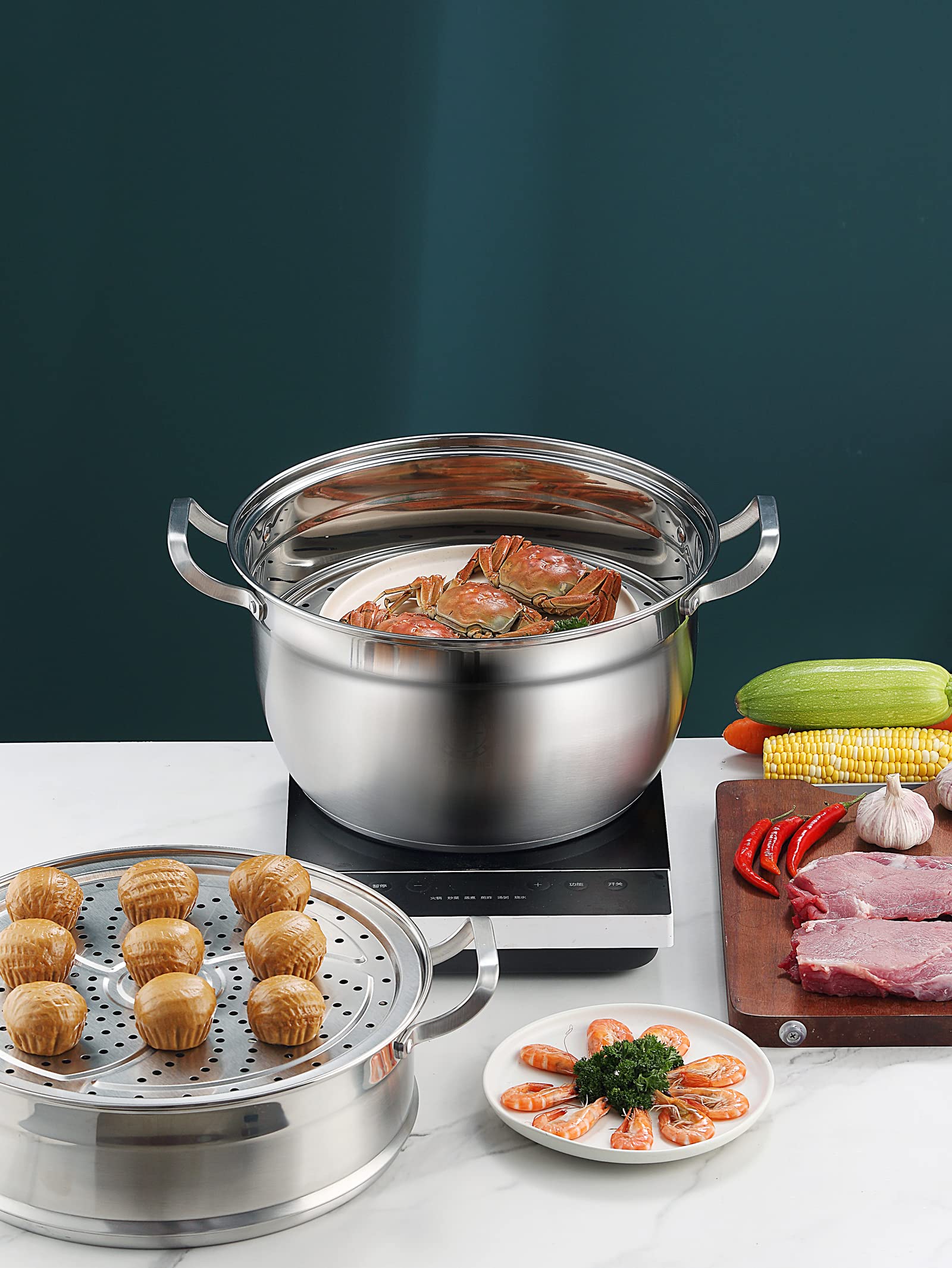 Thick-bottomed Stainless Steel Steamer Pot 2 Tier Food Steamer for Cooking Multipurpose Cookware with Tempered Glass Lid for Vegetable, tamale,Dumpling, egg, Sauce, Food (12.6 INCH)