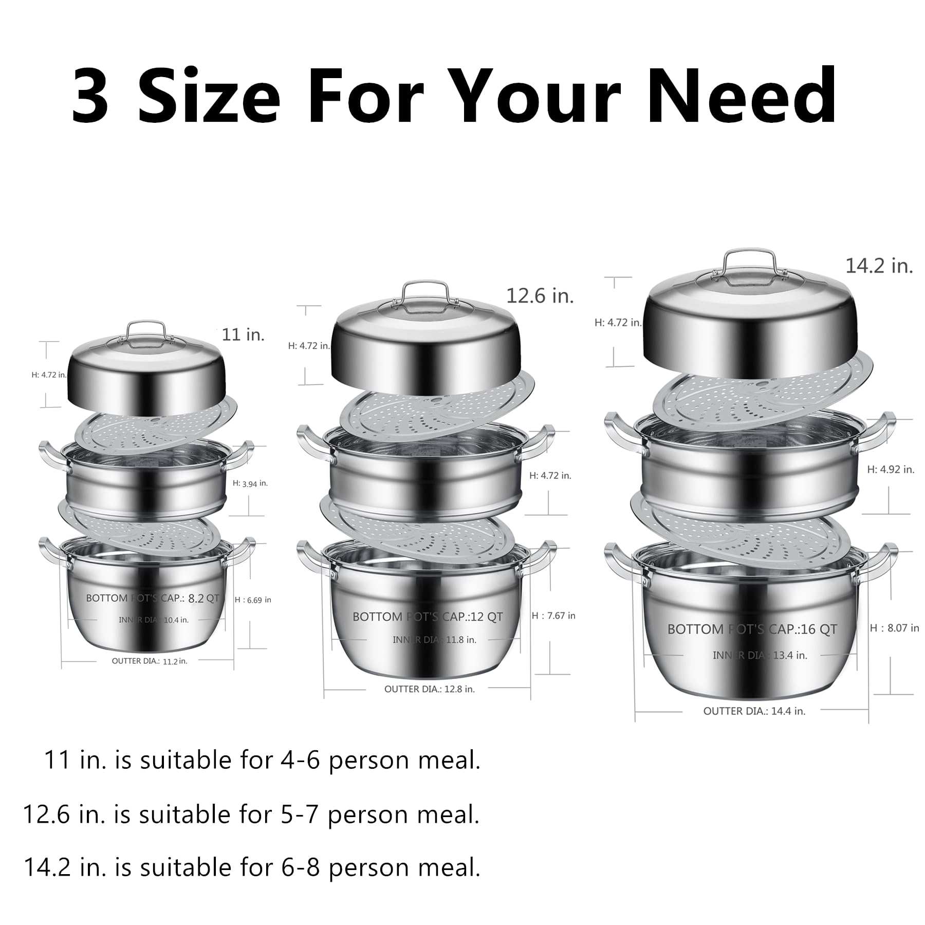 Thick-bottomed Stainless Steel Steamer Pot 2 Tier Food Steamer for Cooking Multipurpose Cookware with Tempered Glass Lid for Vegetable, tamale,Dumpling, egg, Sauce, Food (12.6 INCH)