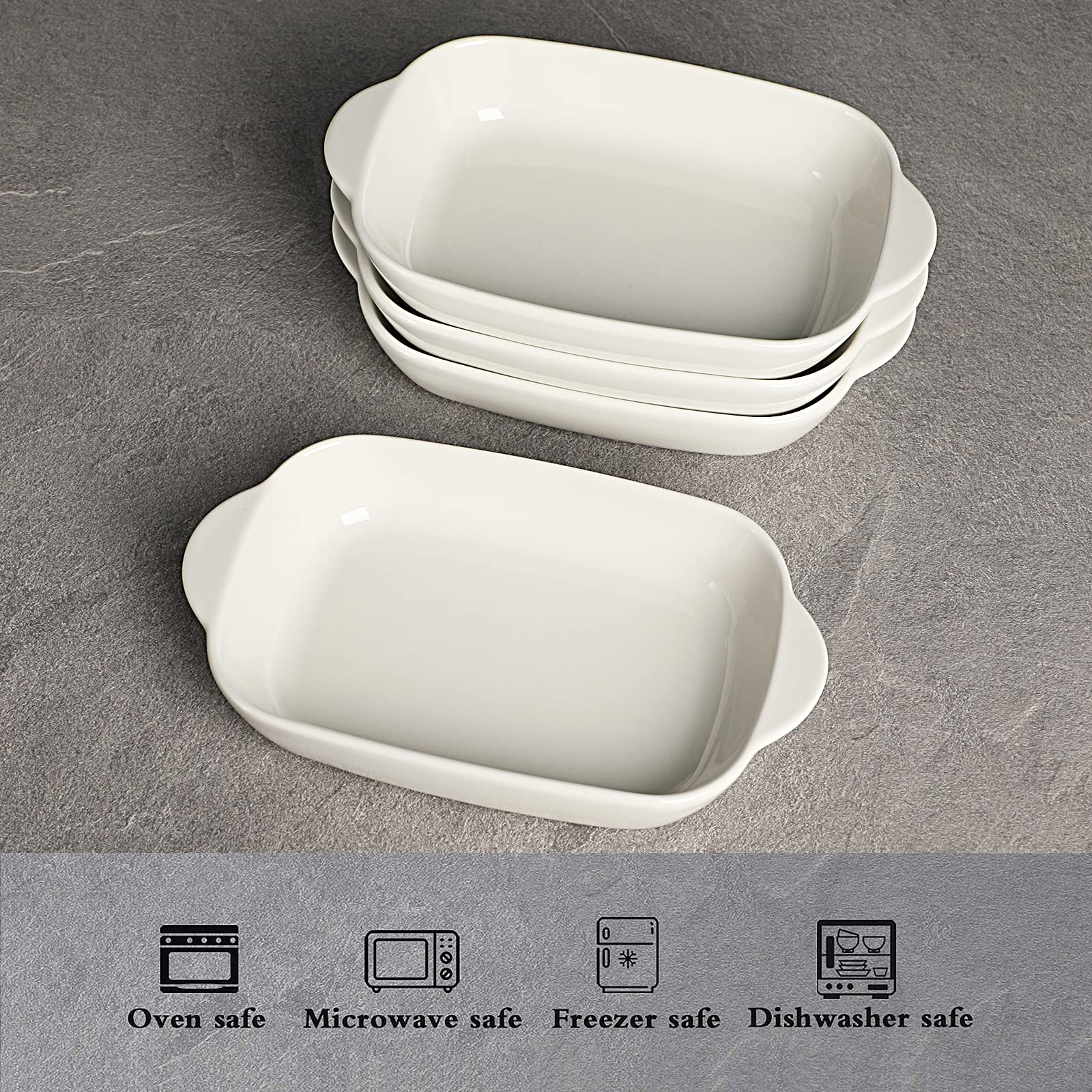 LEETOYI Ceramic Small Baking Dish 7.5-Inch Set of 4, Rectangular Bakeware with Double Handle, Baking Pans for Cooking and Cake Dinner (White)