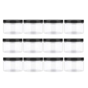 11.5oz (340 ml) empty clear wide mouth plastic jars with smooth black lids and labels (12 pack) – pet containers great for cream,cosmetics,slime storage jars –bpa free