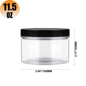 11.5oz (340 ml) Empty Clear Wide Mouth Plastic Jars with Smooth Black Lids and Labels (12 Pack) – PET Containers Great for Cream,Cosmetics,Slime Storage Jars –BPA Free