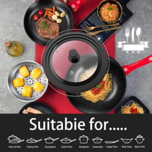 Universal Lid for Pots, Pans and Skillets - Tempered Glass with Heat Resistant Silicone Rim and Heat Resistant Handle Fits 10", 11" and 12" Diameter Cookware, Black