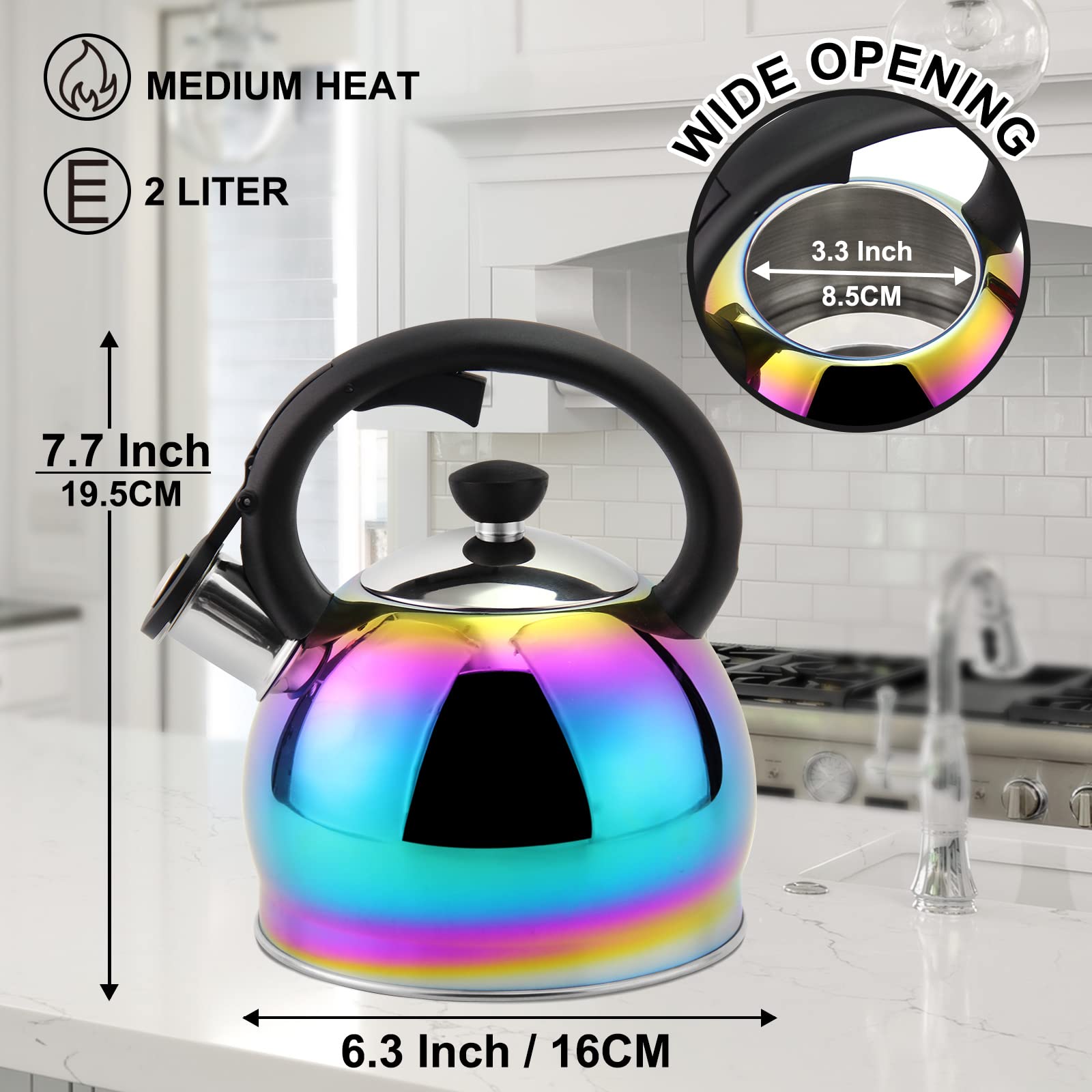 SHANGZHER Stainless Steel Coffee Tea Kettles Whistling Kettle for Gas Hob Induction Gas Kettle with Whistle Stovetop Kettles 2.1 Qt / 2 Liter Rainbow Color