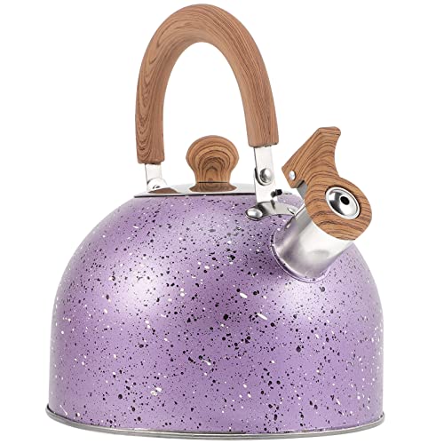 Luxshiny Stovetop Tea Kettle Whistling Teapot Stainless Steel Water Kettle with Wood Handle Locking Spout Cover Camping Serving Kettle for Gas Induction Electric Stovetops 2L- Purple