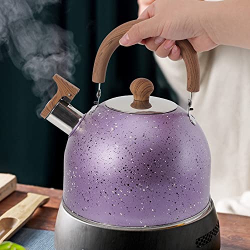 Luxshiny Stovetop Tea Kettle Whistling Teapot Stainless Steel Water Kettle with Wood Handle Locking Spout Cover Camping Serving Kettle for Gas Induction Electric Stovetops 2L- Purple