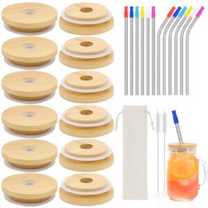 mason jar lids - 12 pack mason lids - bamboo wood with silicone sealing rings for regular mouth mason jar drinking straw lids with 12 stainless steel straws
