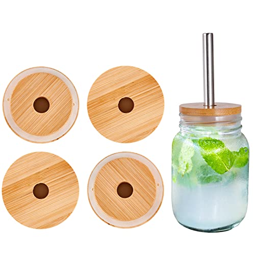 Airtight Bamboo Lids 4Pack, 70MM Mason Jar Lids with Straw Hole for Wide Regular Mouth Mason Jar (70 MM, 4Pcs) (70MM)